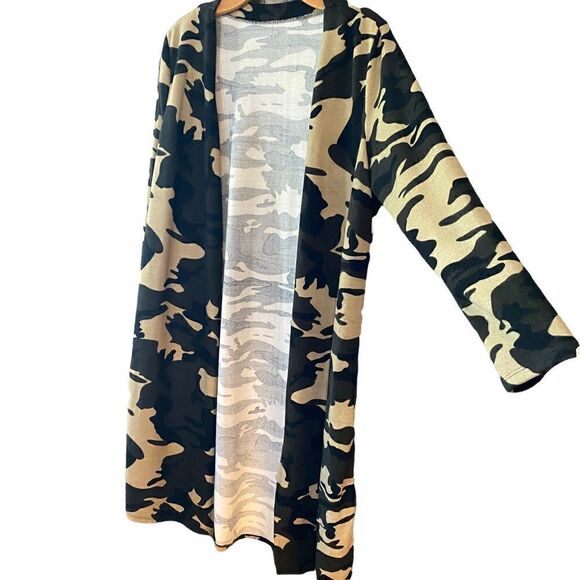 Military Army Green Camo Long Sleeve Maxi Cardigan Duster Sz L - Picture 3 of 8